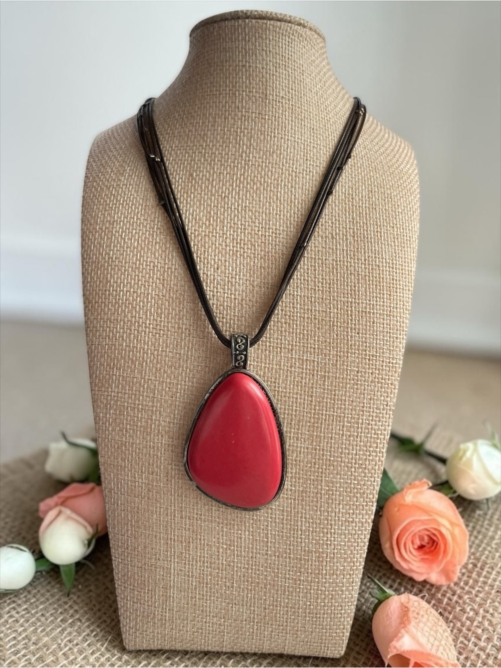 Grace Adele Coral Pendant Necklace With Leather Cord